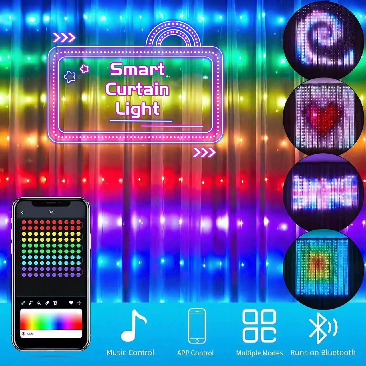 Smart LED Vorhanglichter ✨ – RGB Lichterkette mit App-Steuerung